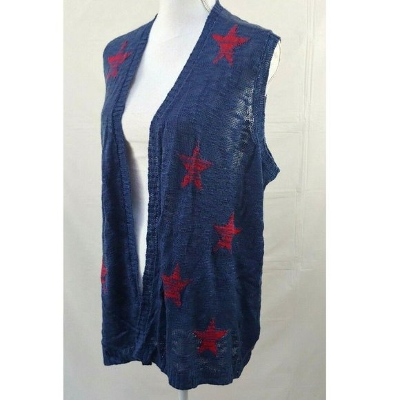 Lane Bryant Sleeveless Sweater 22 24 Open Front Star Embroidered Blue 3X - Picture 1 of 6